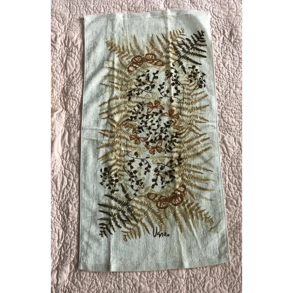 Vtg Vera Burlington Towel Set 3 Pcs Ivory Cotton Butterfly Floral Bath Hand Face
